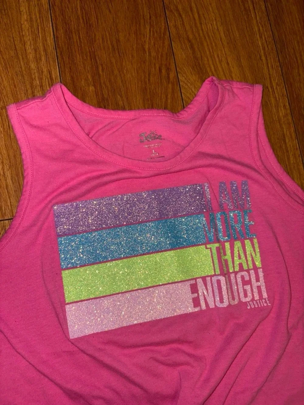 Pink Justice tank top with sparkle graphic design